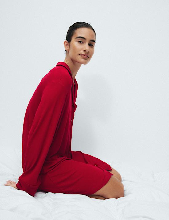 Ribbed Collared Long Sleeve Nightshirt