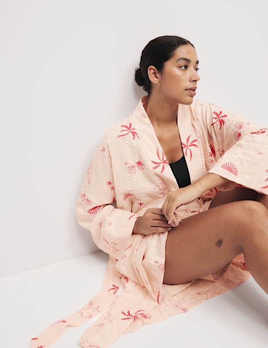 Cotton Rich Seersucker Shell Print Wrap