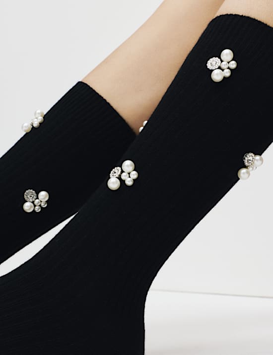 Embellished Pearl Cluster Ankle High Socks