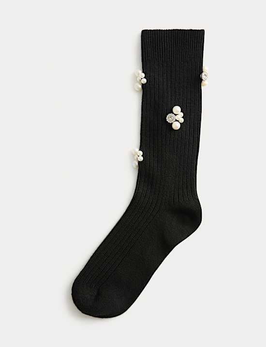 Embellished Pearl Cluster Ankle High Socks
