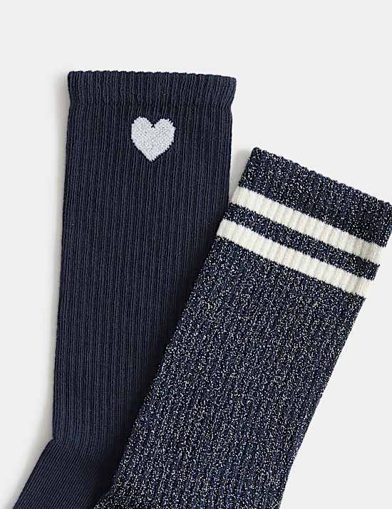 2 Pack Cotton Rich Sparkle Patterned Crew Socks
