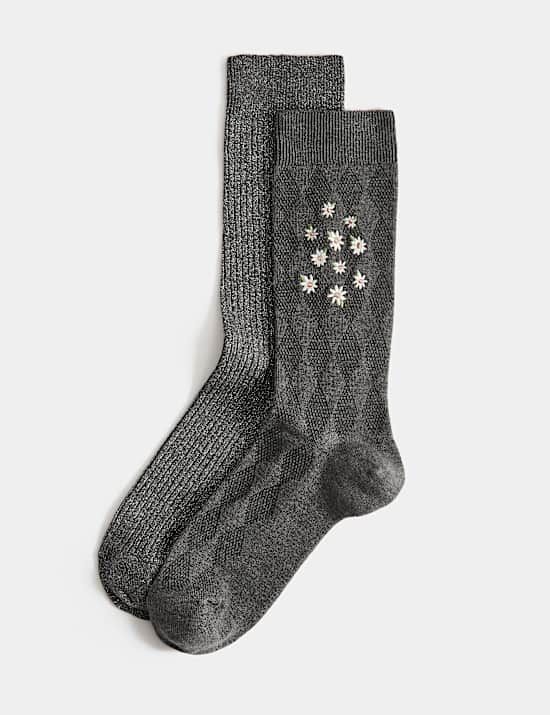 2 Pack Rayon Rich Embroidered Ankle High Socks