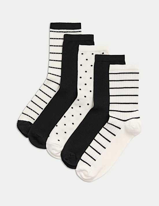 5pk Cotton Rich Monochrome Ankle High Socks