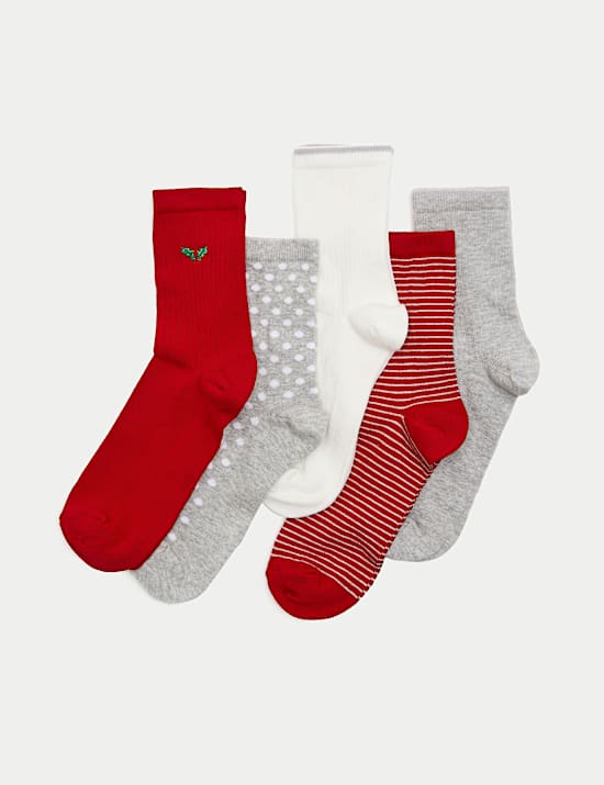 5pk Cotton Rich Embroidered Ankle High Socks