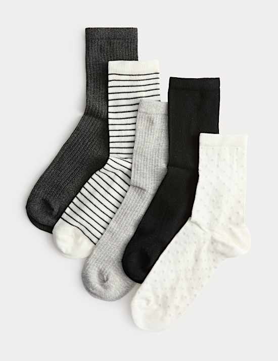 5pk Cotton Rich Patterned Ankle High Socks