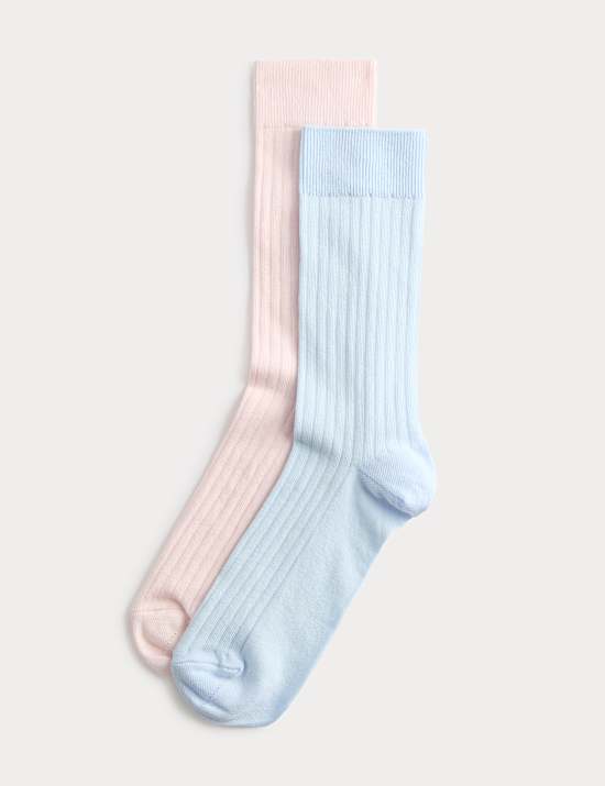 2 Pack Cotton Rich Ribbed Crew Socks