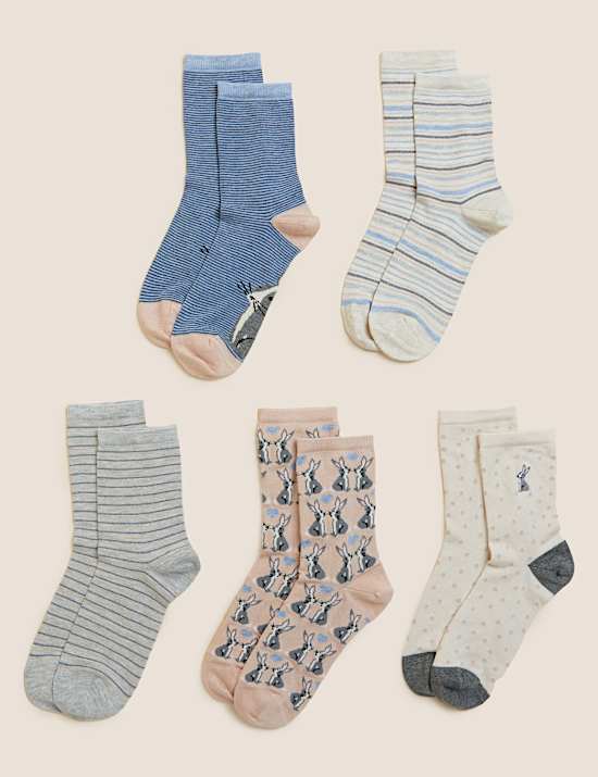 5pk Bunny Print Ankle High Socks