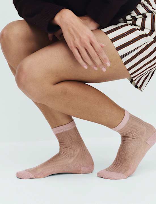 Cotton Blend Sheer Ribbed Sparkly Crew Socks