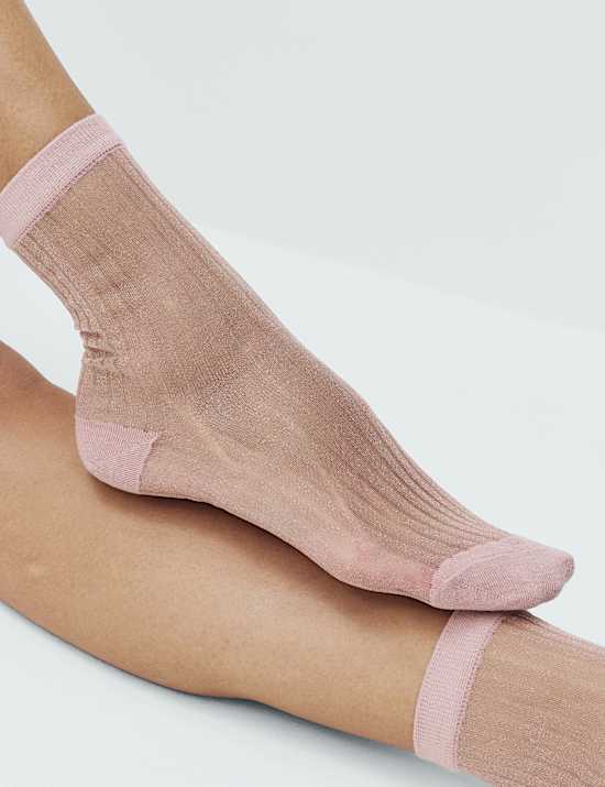 Cotton Blend Sheer Ribbed Sparkly Crew Socks