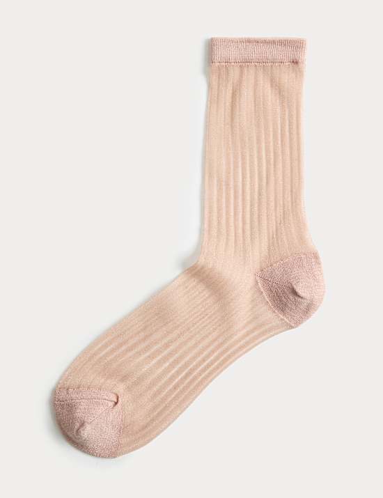 Cotton Blend Sheer Ribbed Sparkly Crew Socks