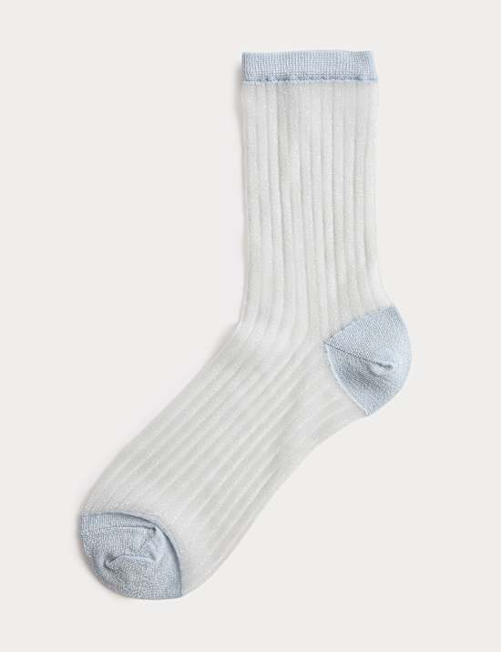 Cotton Blend Sheer Ribbed Sparkly Crew Socks