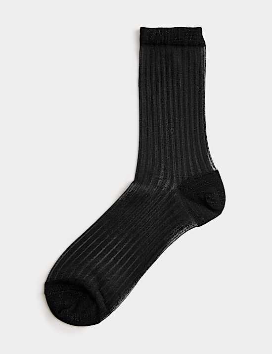 Cotton Blend Sheer Ribbed Sparkly Crew Socks
