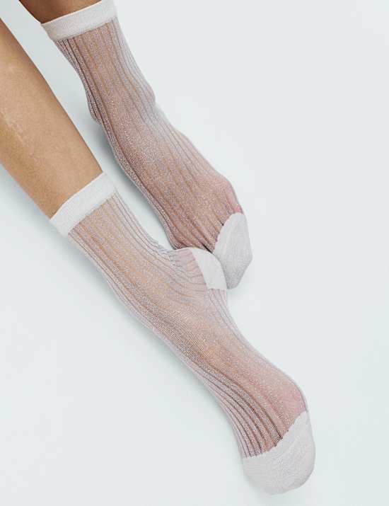 Cotton Blend Sheer Ribbed Sparkly Crew Socks