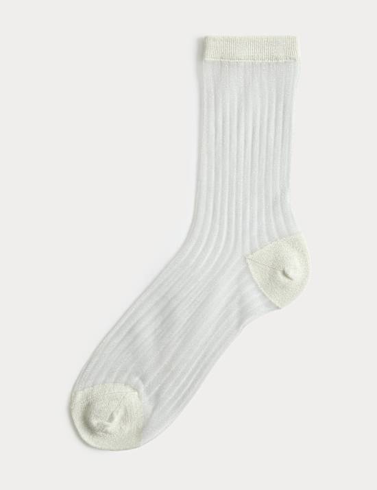 Cotton Blend Sheer Ribbed Sparkly Crew Socks