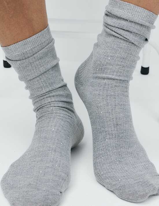 Cotton Blend Ribbed Embellished Crew Socks