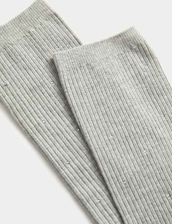 Cotton Blend Ribbed Embellished Crew Socks