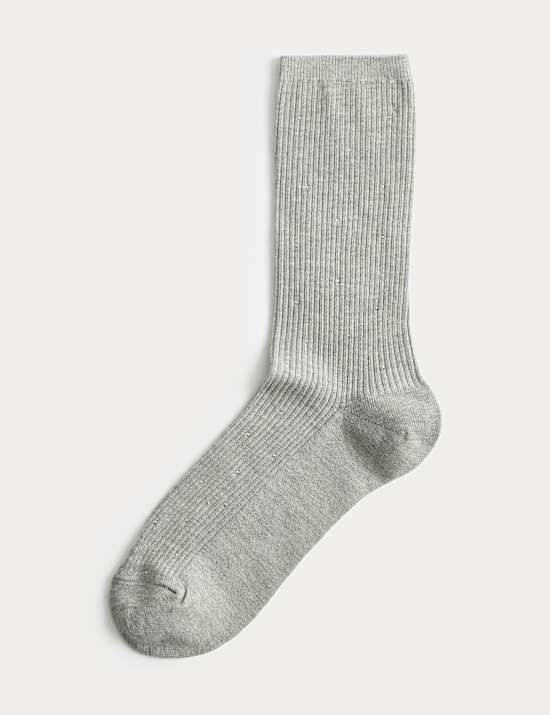 Cotton Blend Ribbed Embellished Crew Socks