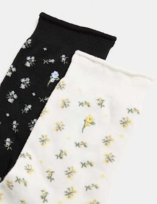 2pk Cotton Rich Floral Crew Socks