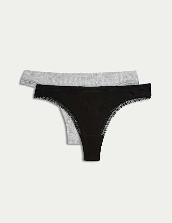 2pk Cotton Rich Ribbed Thongs