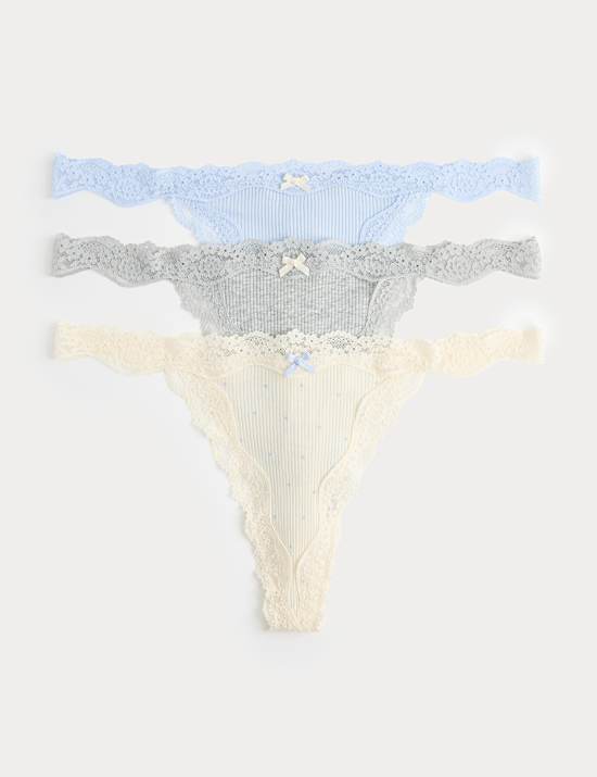 3 Pack Cotton Blend Rib Lace Thongs
