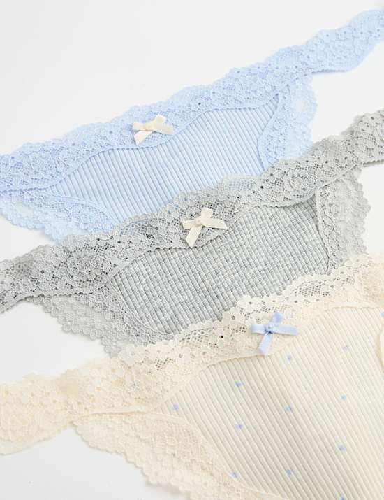 3 Pack Cotton Blend Rib Lace Thongs