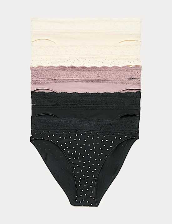 5pk Cotton Lycra&reg; High Leg & Lace Knickers