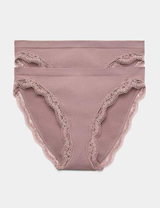 2 Pack Jasmine Lace Seamless High Leg Knickers