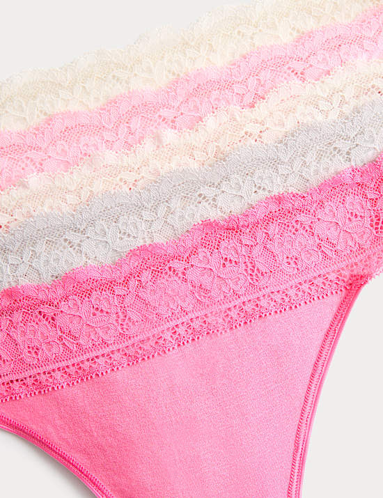 5pk Cotton & Lace Printed Thongs