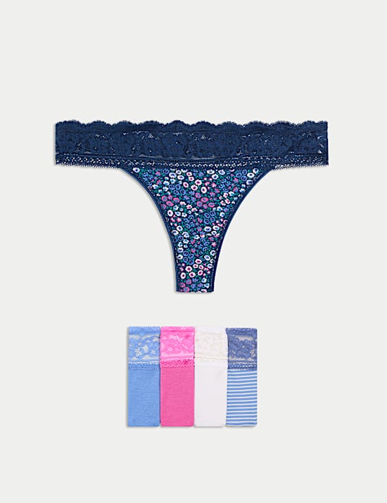 5pk Cotton & Lace Printed Thongs