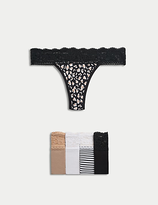 5pk Cotton & Lace Printed Thongs