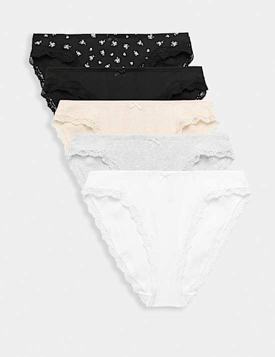 5 Pack Cotton Rich Ribbed High Leg Knickers