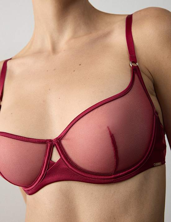 Black Label Satin & Mesh Wired Demi Cup Bra A-DD