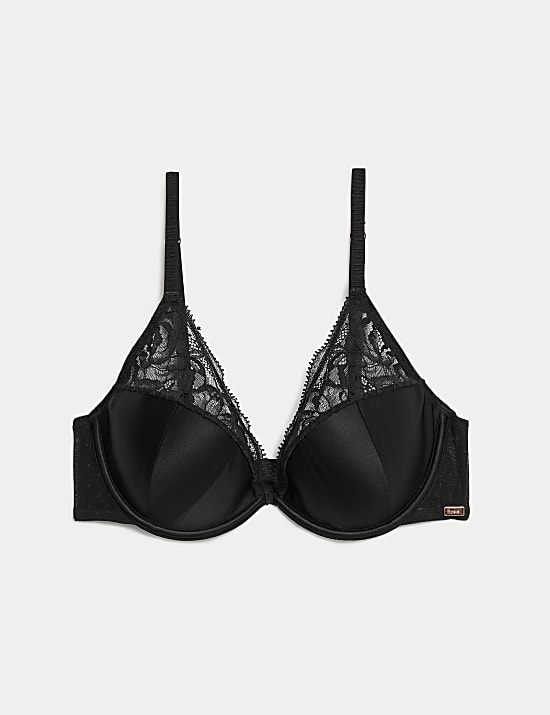 Soutien-gorge plongeant, en dentelle et soie à armatures (bonnets A&nbsp;à&nbsp;F)