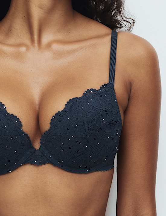 Cleo Sequin Lace Wired Push Up Plunge Bra A-E