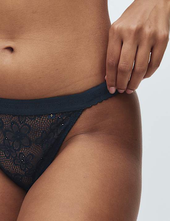 2pk Cleo Sequin Lace Tanga Bikini Knickers