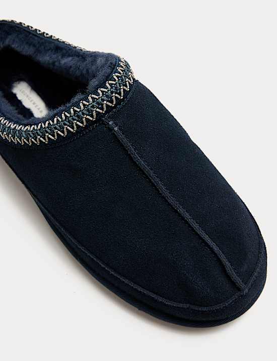 Suede Collared Embroidered Mule Slippers