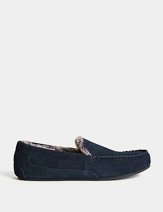 Suede Fleece Lined Moccasin Slippers