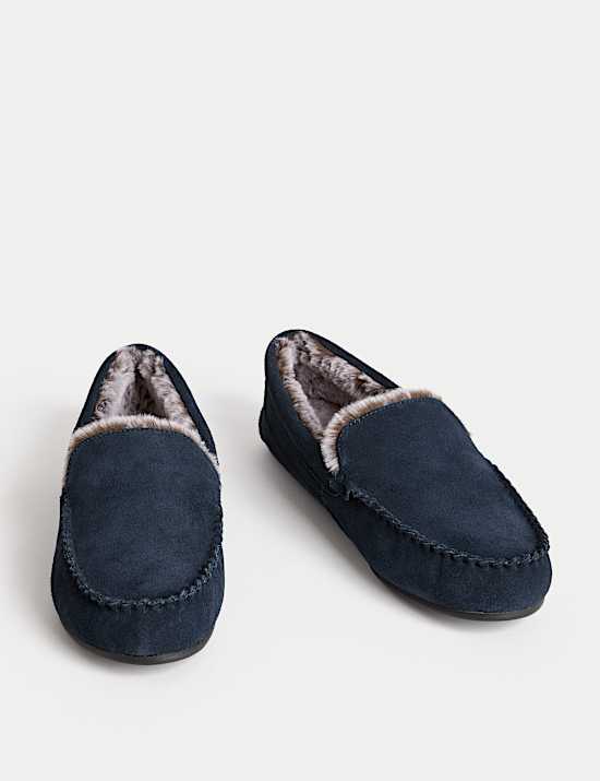 Suede Fleece Lined Moccasin Slippers