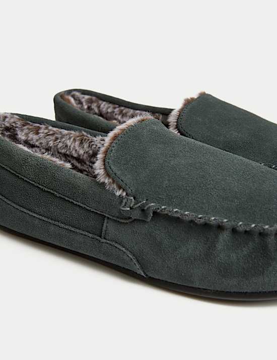 Mokassin-Slipper aus Wildleder mit Fleecefutter