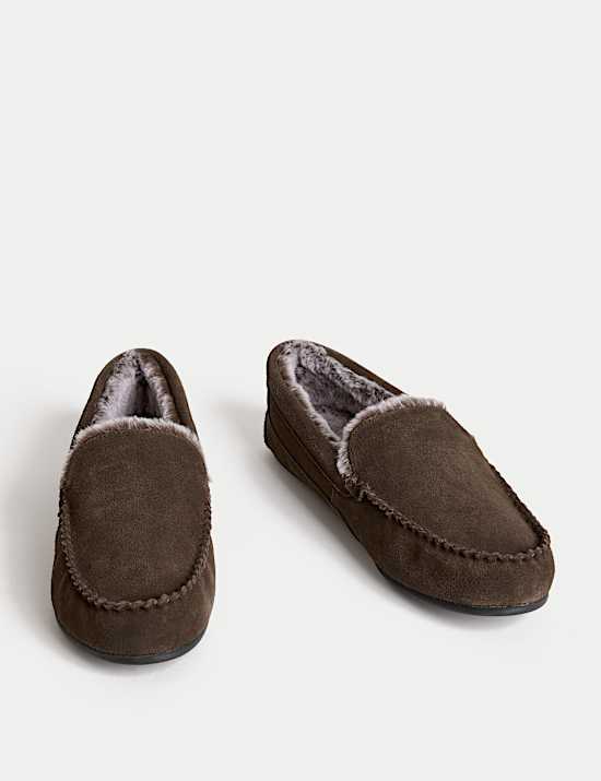 Suede Fleece Lined Moccasin Slippers