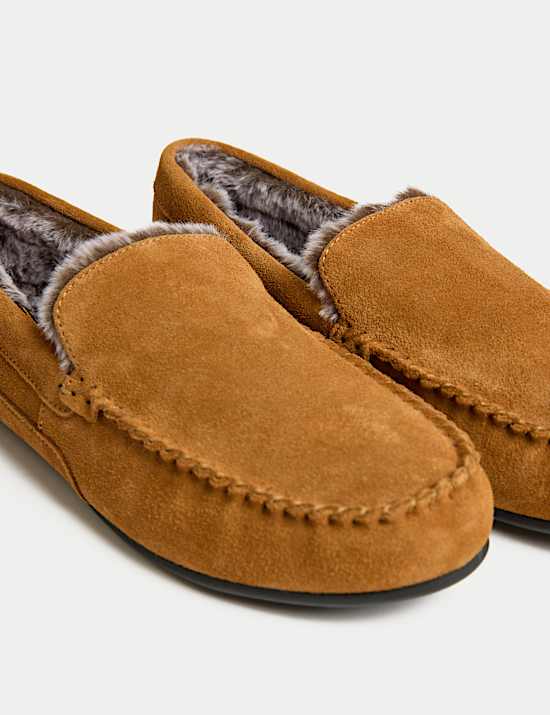 Suede Fleece Lined Moccasin Slippers