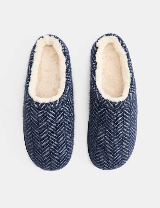 Fleece Lined Herringbone Mule Slippers