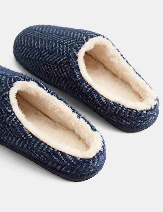 Fleece Lined Herringbone Mule Slippers