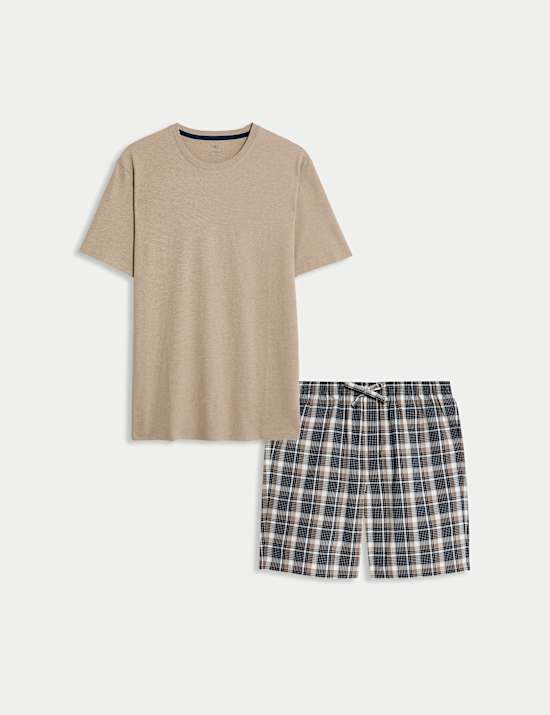 Ensemble pyjama 100 % coton à carreaux couleur neutre