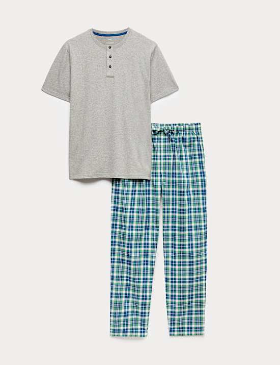Pure Cotton Henley Checked Pyjama Set
