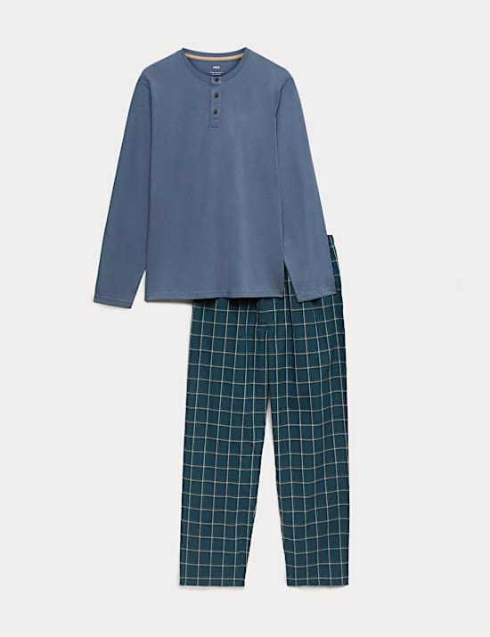 Pure Cotton Henley Checked Pyjama Set