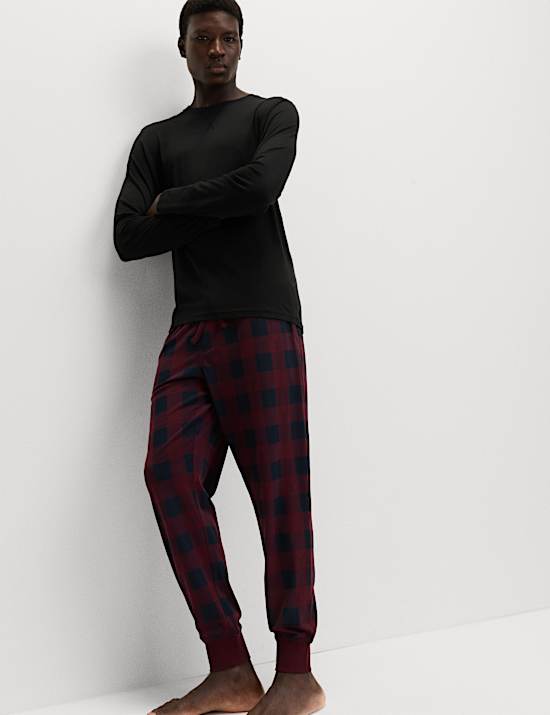 Ensemble pyjama pantalon de jogging 100 % coton à carreaux