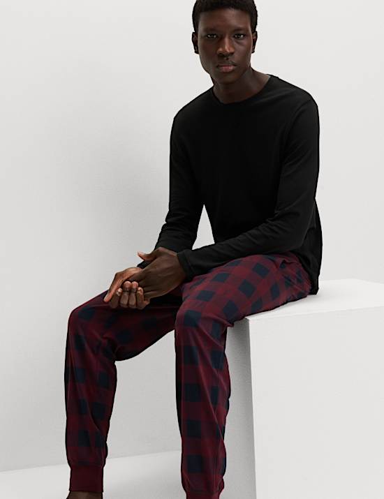 Ensemble pyjama pantalon de jogging 100 % coton à carreaux