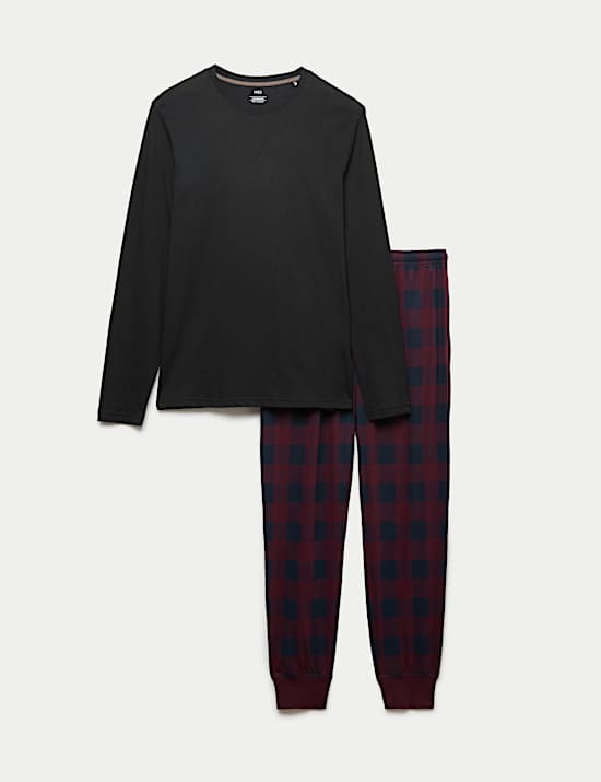 Ensemble pyjama pantalon de jogging 100 % coton à carreaux