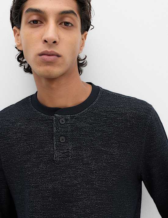 Cotton Rich Textured Henley Loungewear Top